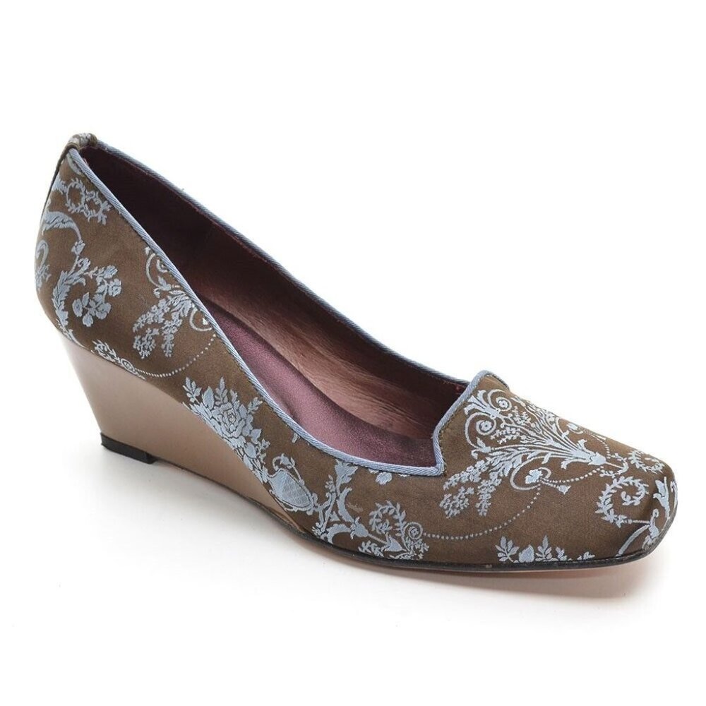 French Sole Brown Silk Blue Tapestry Wedge Pumps 7 B